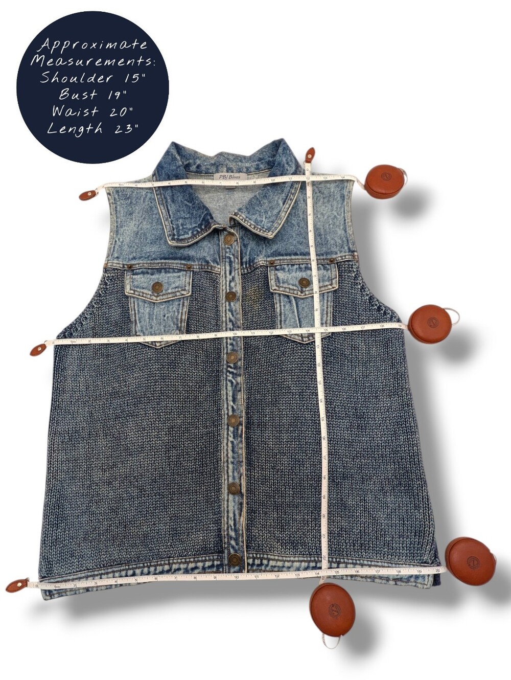 PBJ Blues Sz M Denim Knit Combo Vest Chambray Sweater Sleeveless Jacket - Picture 15 of 16